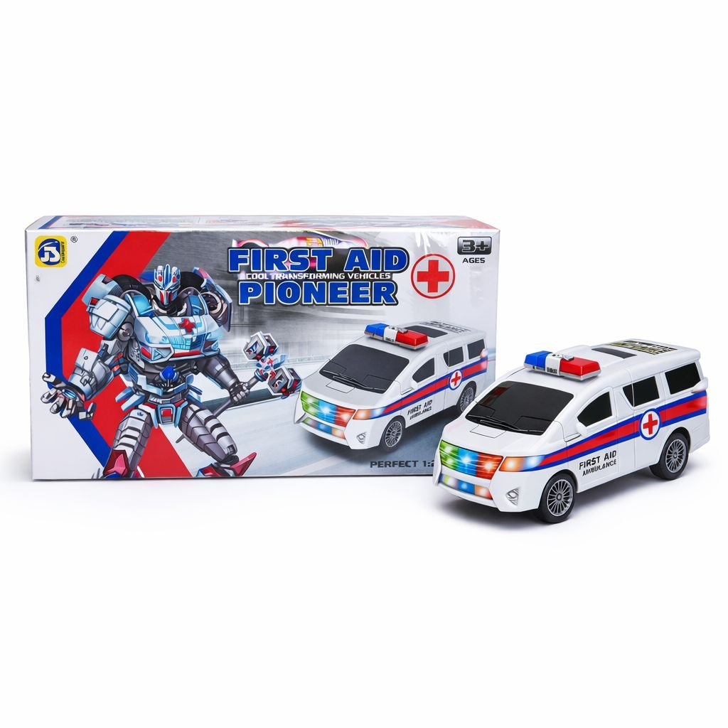 Masinuta ambulanta transformabila in robot, jucarie 2 in 1 cu lumini si sunete, 22cm