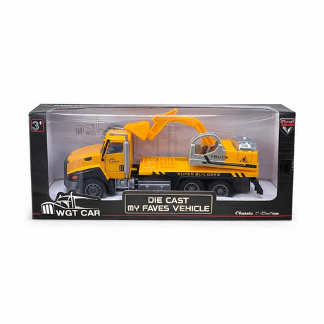 Masinuta constructii cu macara, model metalic die-cast, 26.5 cm, functie pull back,