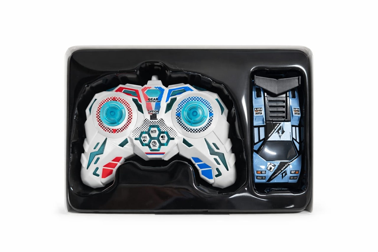 Masinuta cu telecomanda sport albastra cu lumini control 2.4GHz scara 1:64