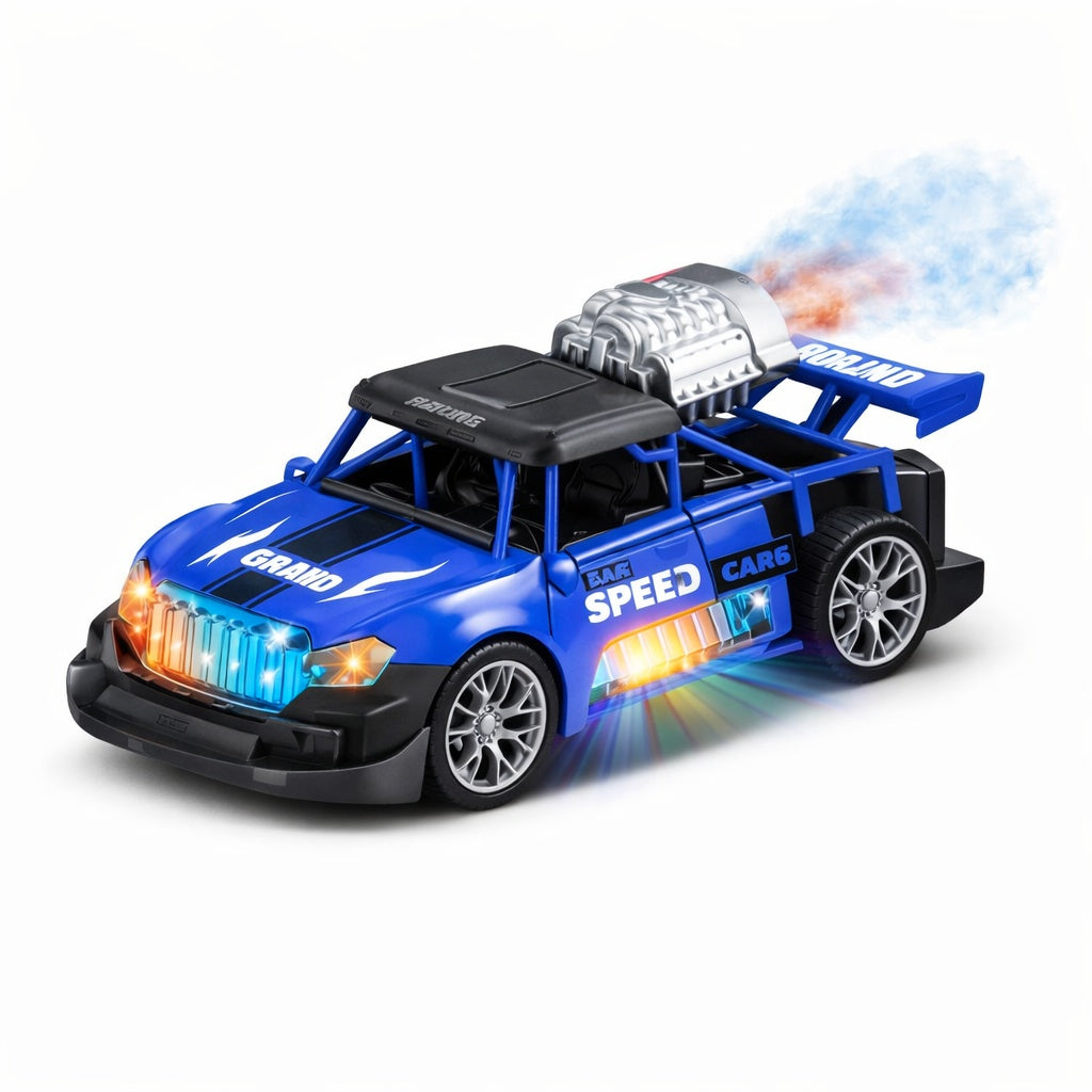 Masinuta electrica racing albastra cu efect fum, lumini si sunete, bump & go, 21x10,5 cm