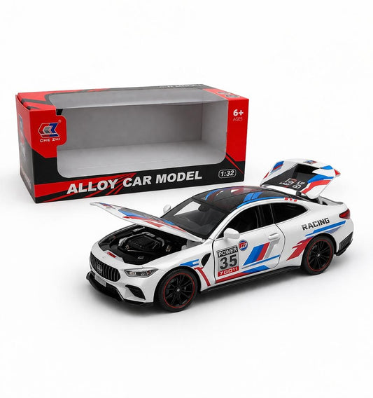 Masinuta metalica alloy die-cast scara 1:32, alba racing, capota si portiere deschise, 6 ani+