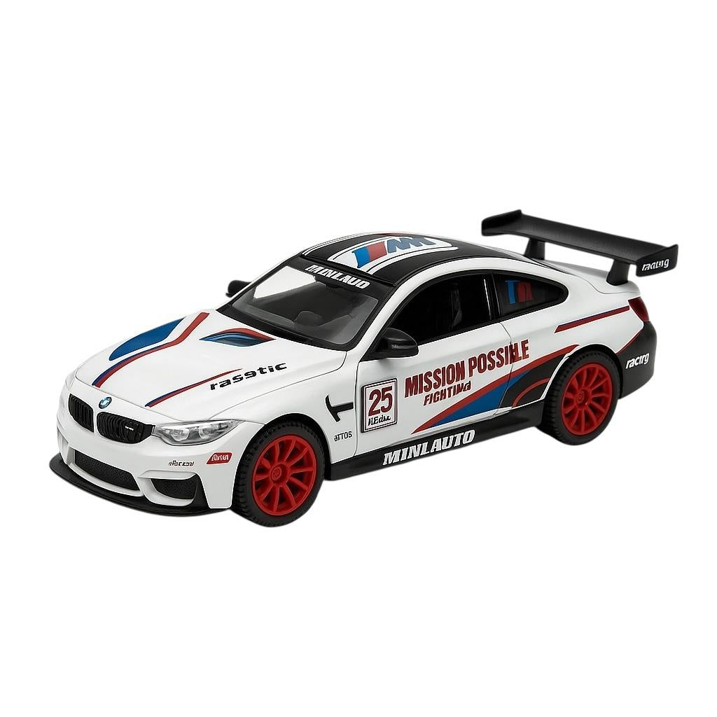Masinuta Metalica MiniAuto M8 GTE Racing Alba , Scara 1:32 Pull Back Usi Deschise Copii 3+