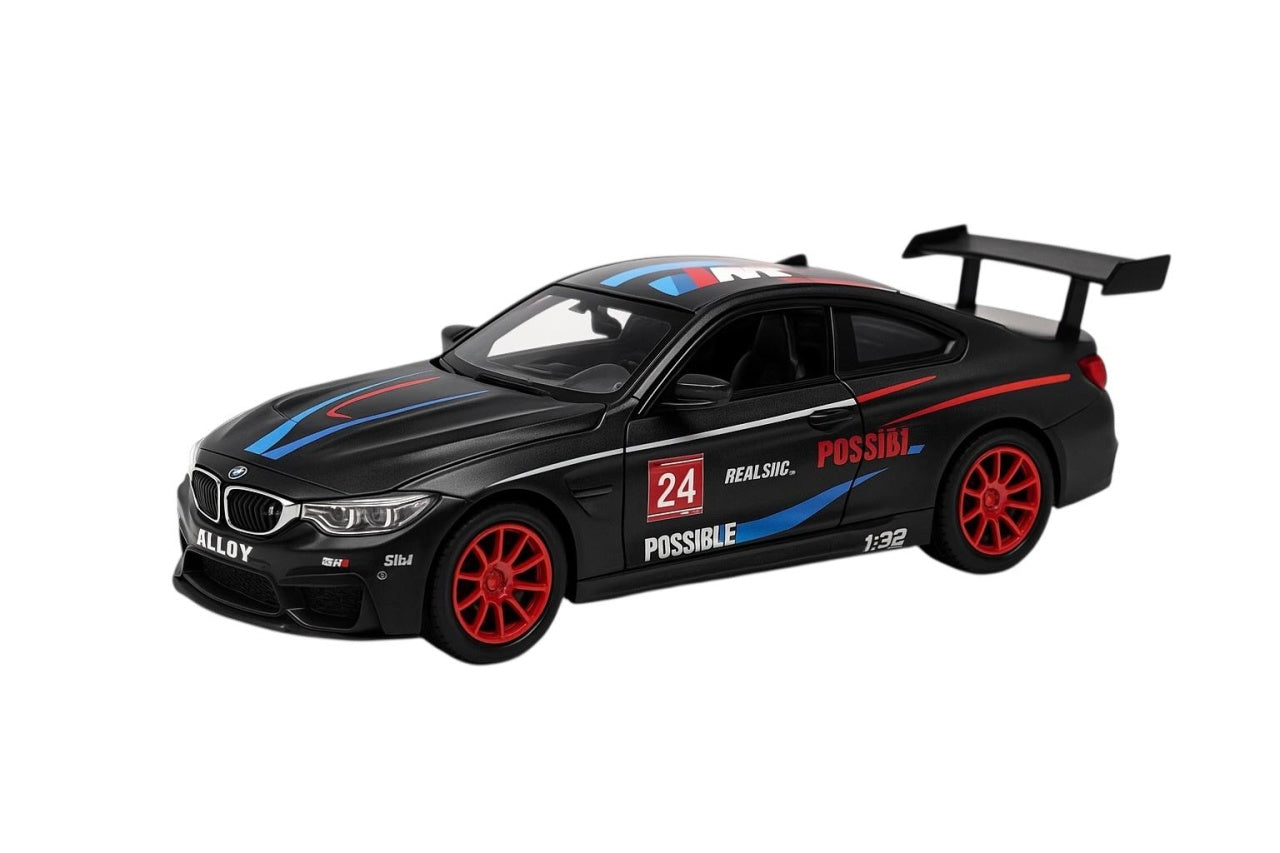 Masinuta Metalica Model M8 GTE Racing Neagra , Scara 1:32 Pull Back Lumini Sunete Copii 3+