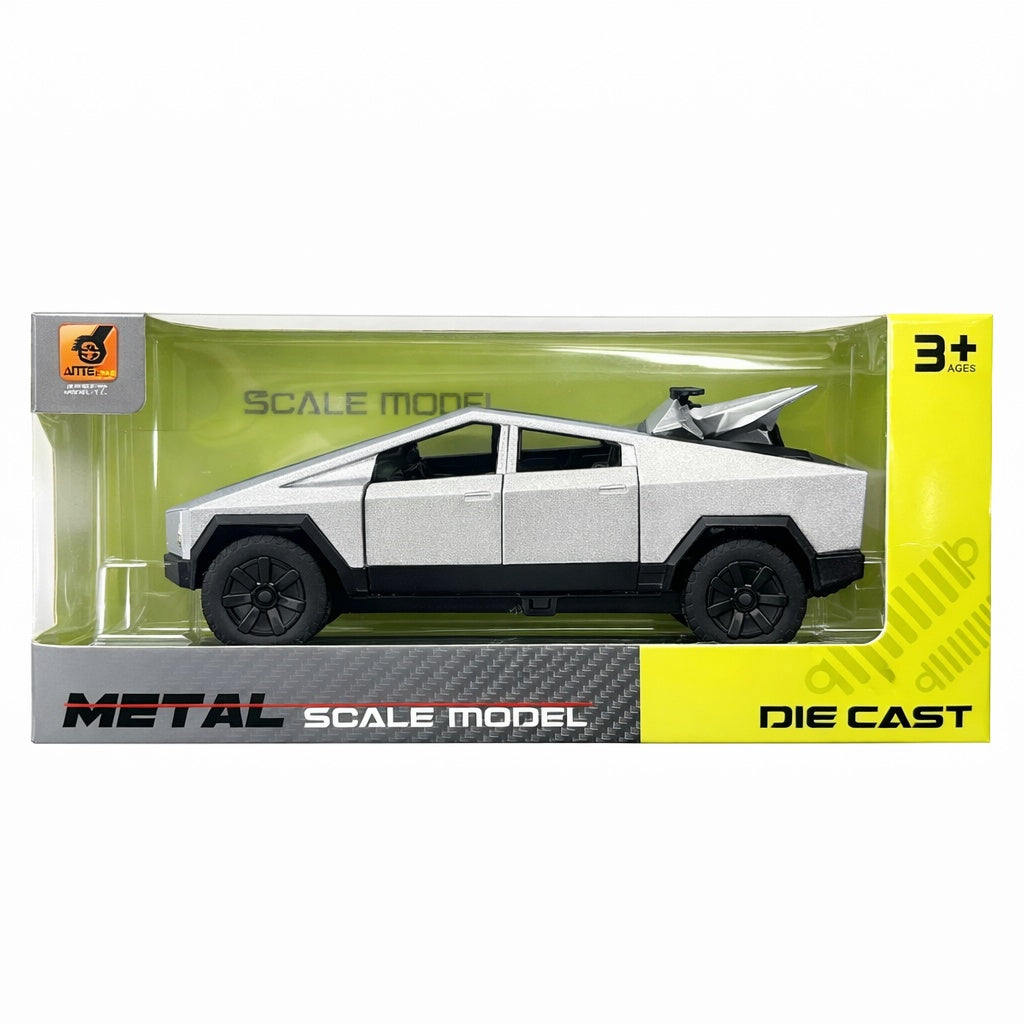 Masinuta metalica pickup futurist cu design unghiular, culoare argintiu, 15.5 cm