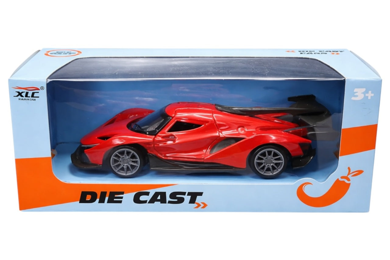 Mașinuță metalică roșie die-cast cu uși deschise, dimensiuni 14x6.5x5.5 cm, model realist