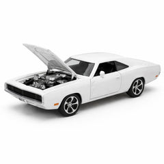 Masinuta muscle car aliaj metalic scara 1:32, alba cu capota sport, roti mari