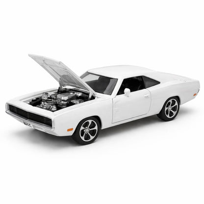 Masinuta muscle car aliaj metalic scara 1:32, alba cu capota sport, roti mari