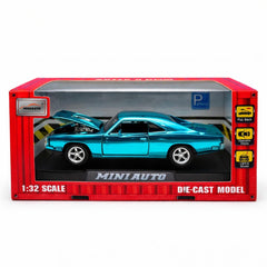 Masinuta muscle car aliaj metalic scara 1:32, albastru metalizat, capota deschisa