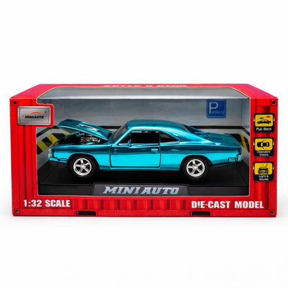 Masinuta muscle car aliaj metalic scara 1:32, albastru metalizat, capota deschisa