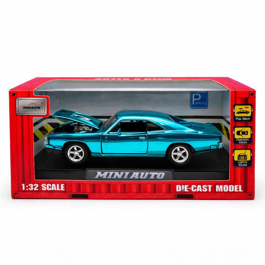 Masinuta muscle car aliaj metalic scara 1:32, albastru metalizat, capota deschisa