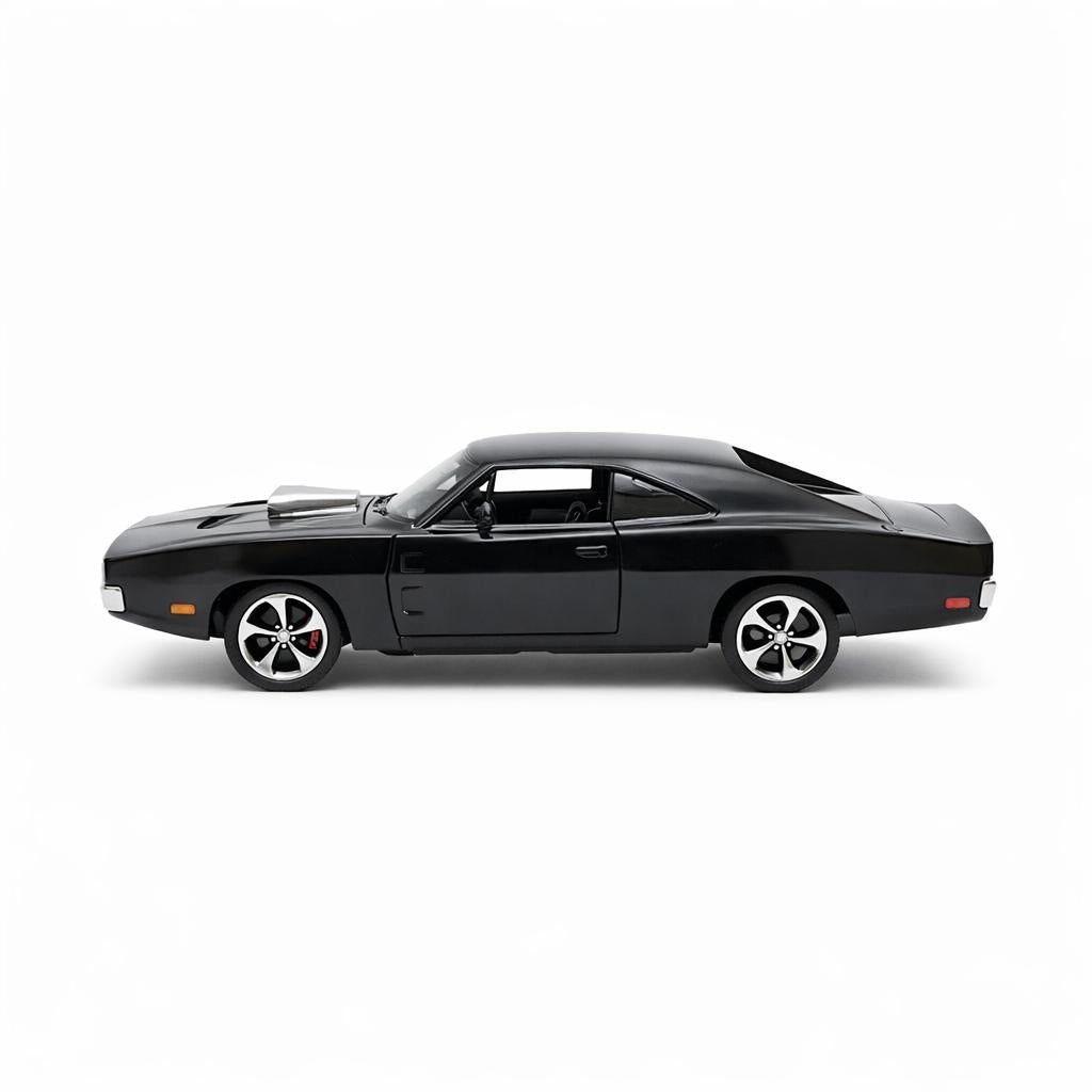Masinuta muscle car aliaj metalic scara 1:32, negru mat cu capota sport, roti sport