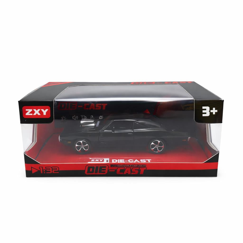 Masinuta muscle car aliaj metalic scara 1:32, negru mat cu capota sport, roti sport