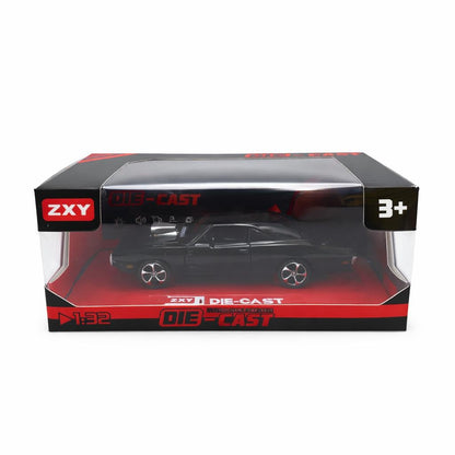 Masinuta muscle car aliaj metalic scara 1:32, negru mat cu capota sport, roti sport