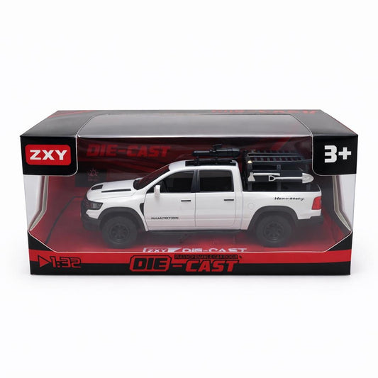 Masinuta pickup off-road metalica die-cast scara 1:32, alba, portbagaj bena, portiere functionale, 3+