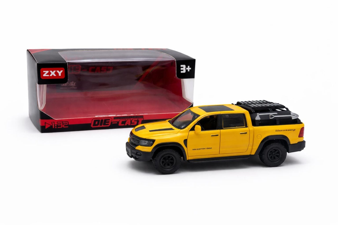 Masinuta pickup off-road metalica die-cast scara 1:32, galbena, portiere functionale, 3 ani+