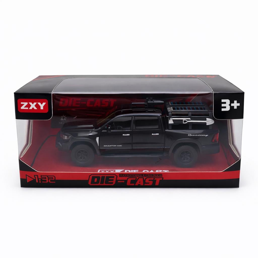 Masinuta pickup off-road metalica die-cast scara 1:32, neagra, portbagaj bena, portiere functionale, 3+