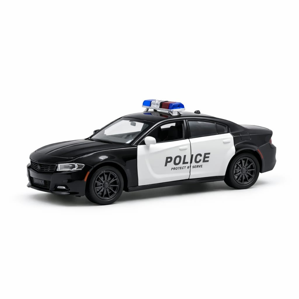 Masinuta politie aliaj metalic scara 1:32, alb-negru, girofar, usi functionale