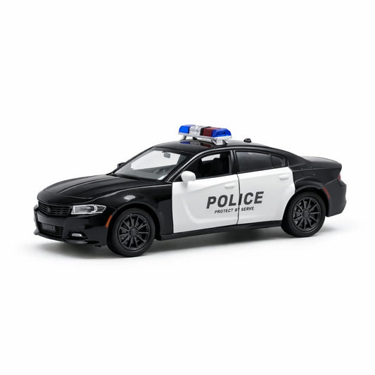 Masinuta politie aliaj metalic scara 1:32, alb-negru, girofar, usi functionale