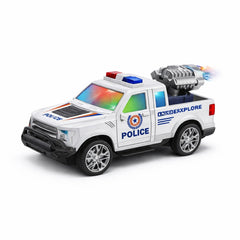 Masinuta politie electrica cu lumini si muzica, functie bump and go, model SUV cu lansator, 20,5x10,5 cm