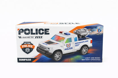 Masinuta politie electrica cu lumini si muzica, functie bump and go, model SUV cu lansator, 20,5x10,5 cm