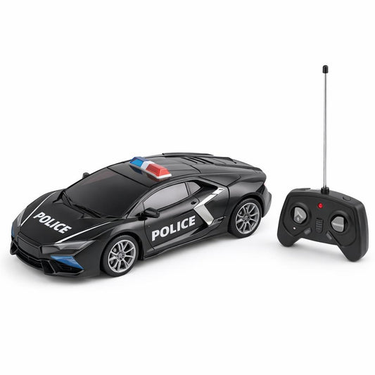 Masinuta politie radiocomandata, cu lumini si sunete, usi si capota deschise, culoare negru