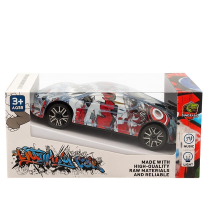 Masinuta sport graffiti rosu-albastru cu dinozauri, muzica si lumini 3+