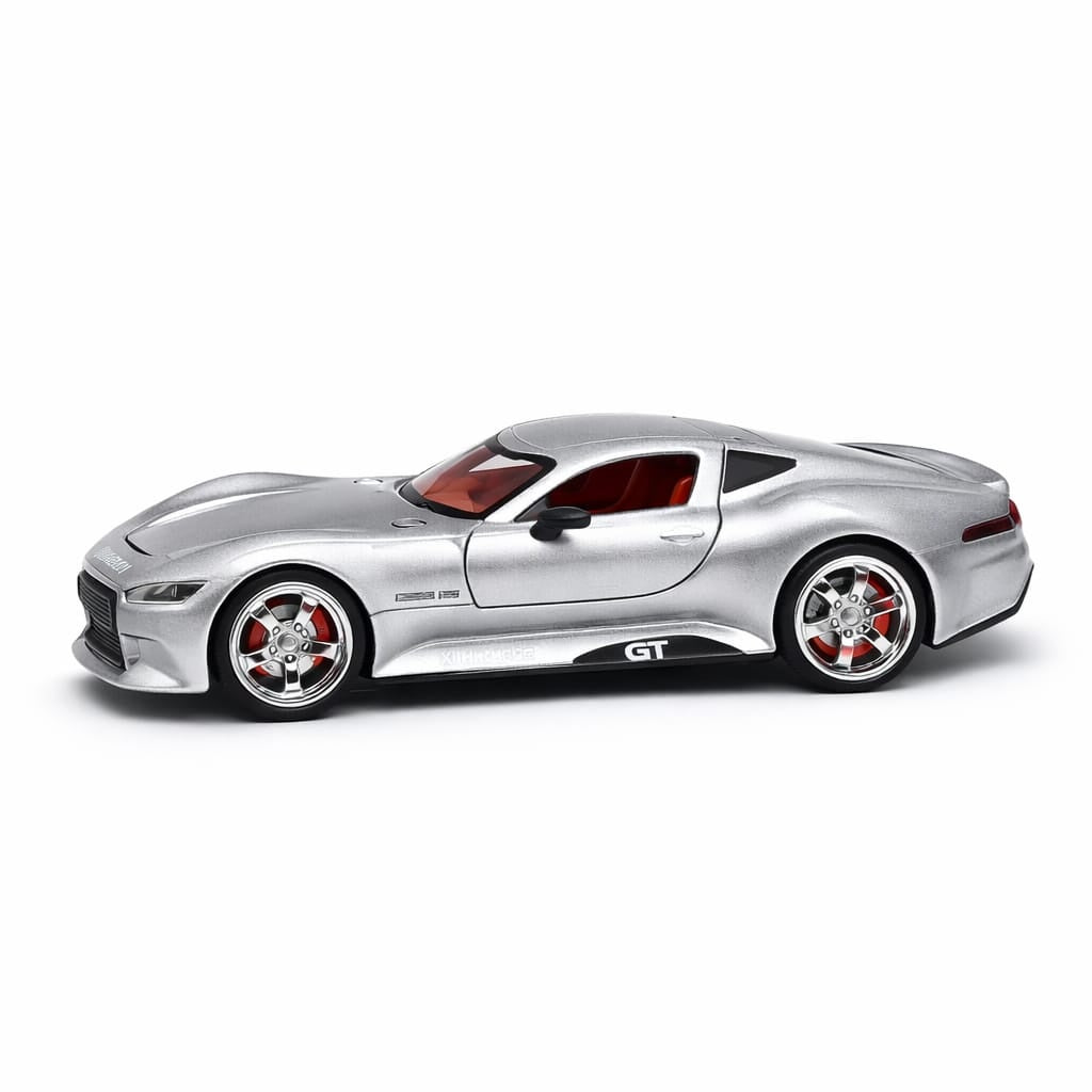 Masinuta sport GT aliaj metalic scara 1:32, argintie, design premium, usi deschidere, roti functionale