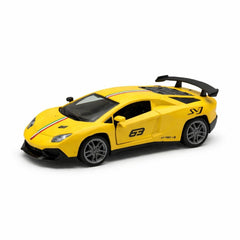 Masinuta sport metalica 1:36, design racing, deschidere usi, galben, 15 cm