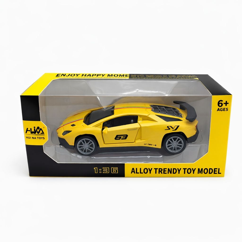 Masinuta sport metalica 1:36, design racing, deschidere usi, galben, 15 cm