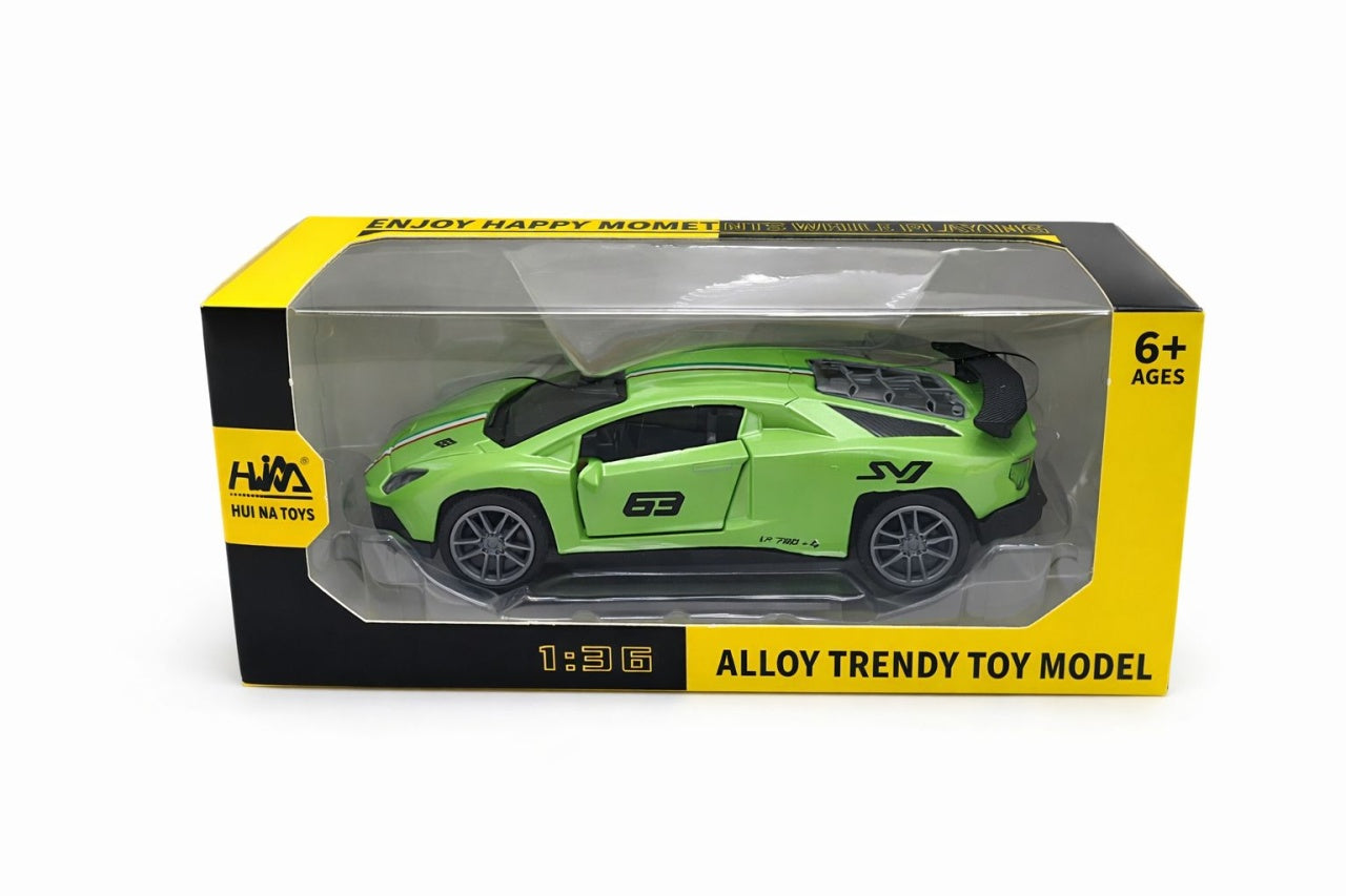 Masinuta sport metalica 1:36, design racing, deschidere usi, verde, 15 cm