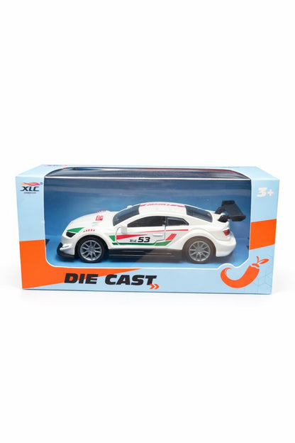Mașinuță sport metalică albă cu uși deschise, 14x5,5x6,5 cm, ideală pentru colecționari și copii