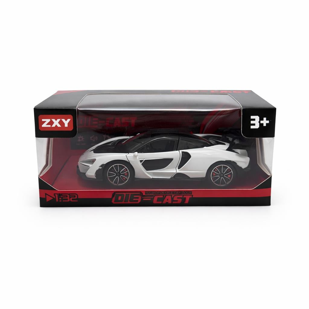 Masinuta sport metalica die-cast scara 1:32, alb-negru, spoiler mare, portiere functionale, 3 ani+