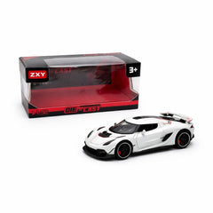 Masinuta sport metalica die-cast scara 1:32, alba cu accente rosii, spoiler, portiere functionale, 3+