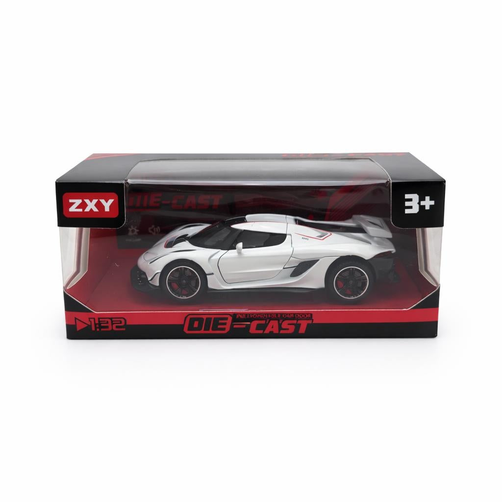 Masinuta sport metalica die-cast scara 1:32, alba cu accente rosii, spoiler, portiere functionale, 3+