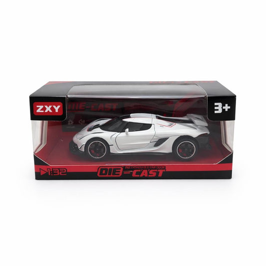 Masinuta sport metalica die-cast scara 1:32, alba cu accente rosii, spoiler, portiere functionale, 3+