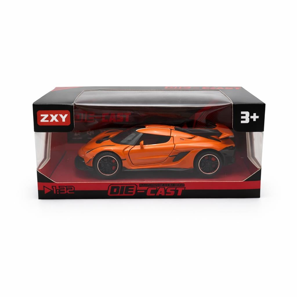 Masinuta sport metalica die-cast scara 1:32, portocalie, portiere functionale, 3 ani+