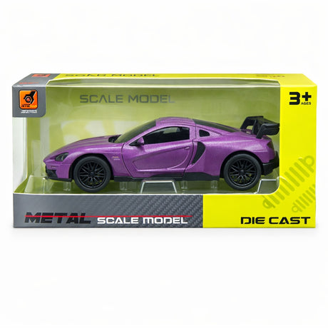 Masinuta sport mov metalizat 15,5x7 cm model realist cu usi functionale si eleron