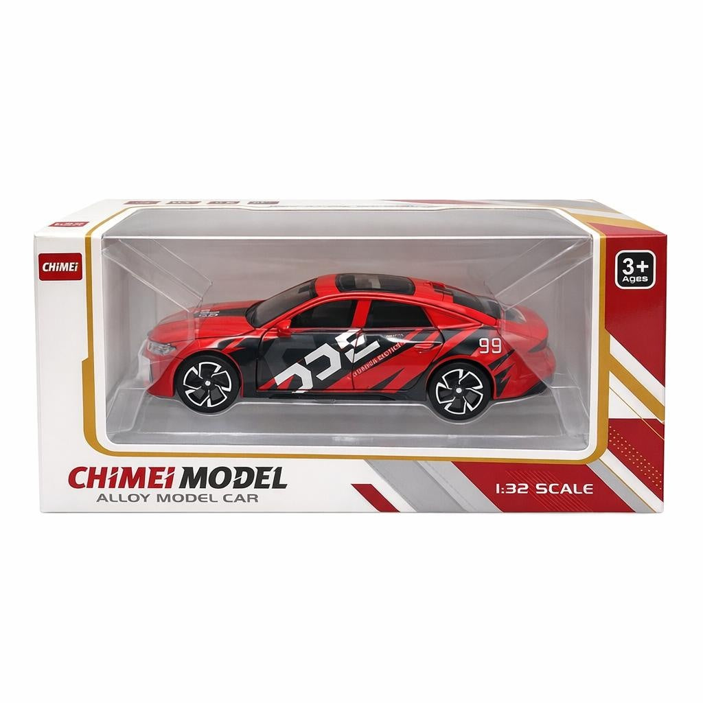 Masinuta sport sedan aliaj metalic scara 1:32, alba cu grafica rosu albastru, 4 usi functionale