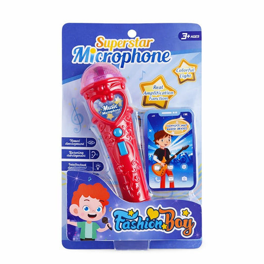 Microfon karaoke copii cu lumini, conexiune telefon, reincarcabil, rosu 29x18 cm