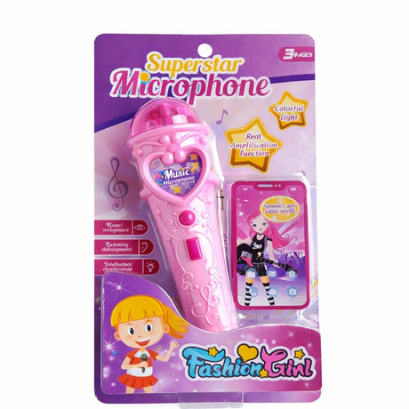 Microfon karaoke copii cu lumini, conexiune telefon, reincarcabil, roz 29x18 cm