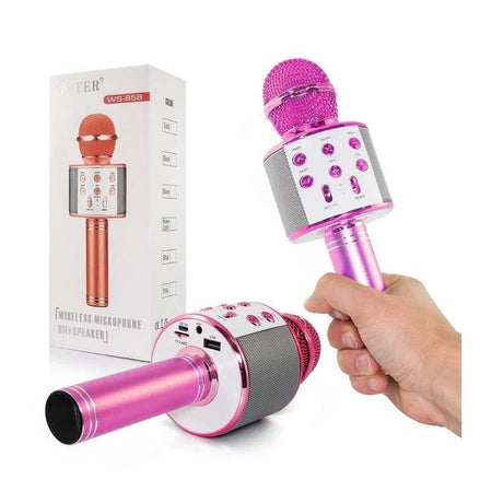 Microfon karaoke wireless Bluetooth cu difuzor, voice changer, USB si TF Card, roz intens