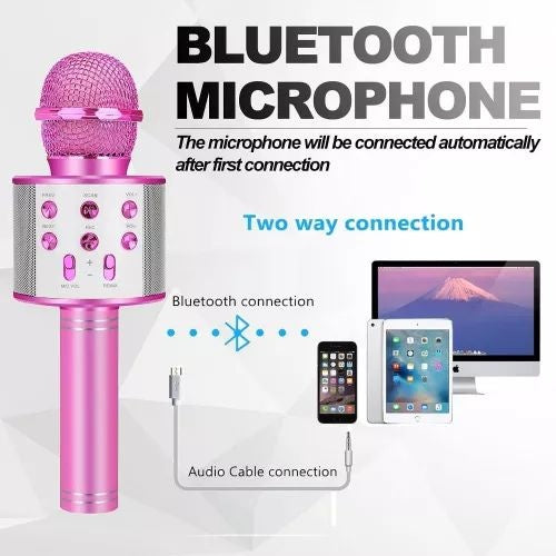 Microfon karaoke wireless Bluetooth cu difuzor, voice changer, USB si TF Card, roz intens
