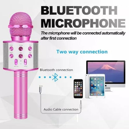 Microfon karaoke wireless Bluetooth cu difuzor, voice changer, USB si TF Card, roz intens