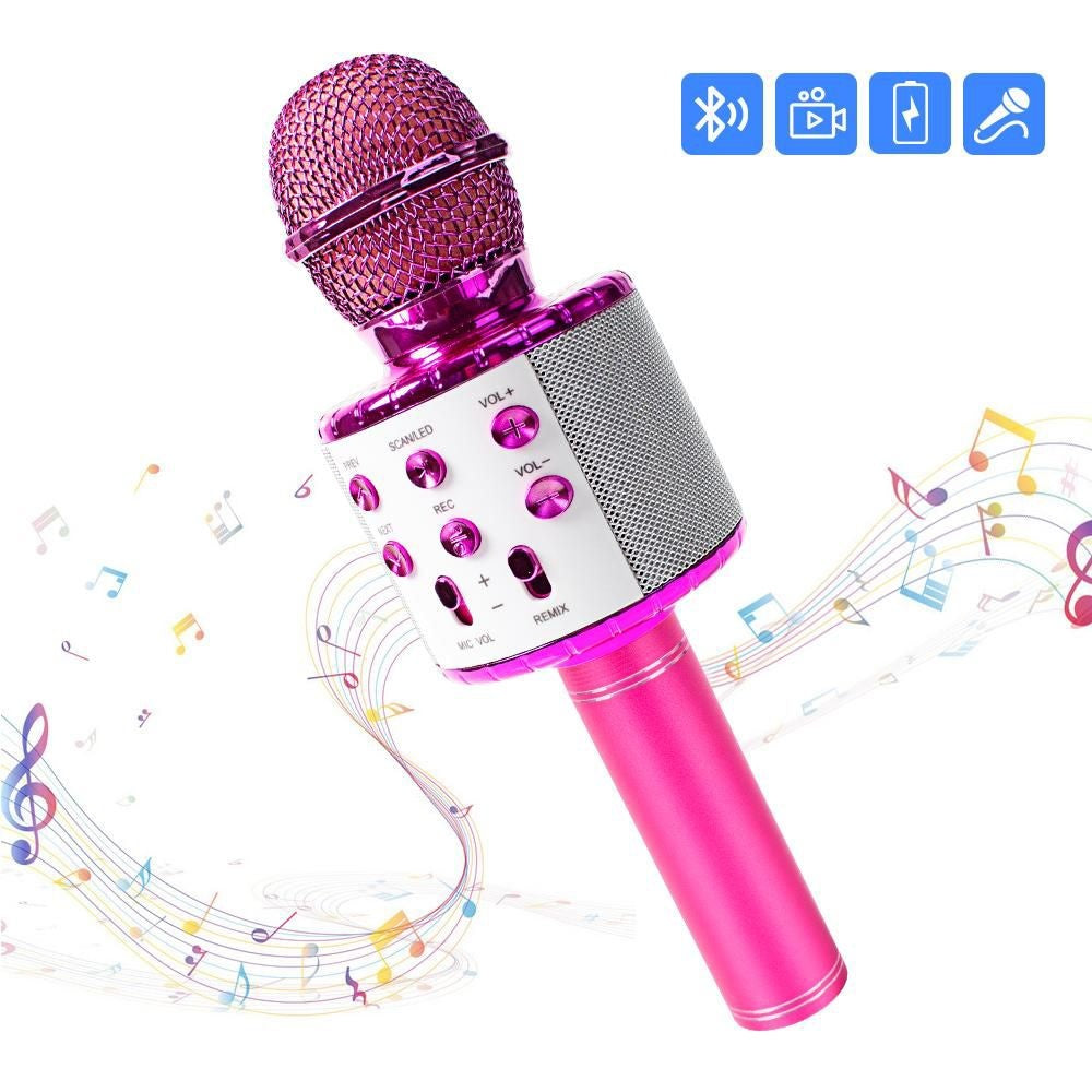 Microfon karaoke wireless Bluetooth cu difuzor, voice changer, USB si TF Card, roz intens