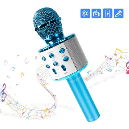 Microfon karaoke wireless Bluetooth cu difuzor, voice changer, USB si TF Card, albastru