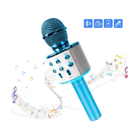 Microfon karaoke wireless Bluetooth cu difuzor, voice changer, USB si TF Card, albastru