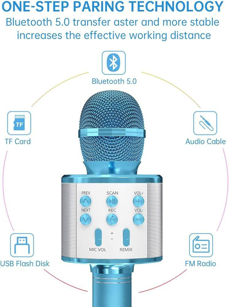 Microfon karaoke wireless Bluetooth cu difuzor, voice changer, USB si TF Card, albastru
