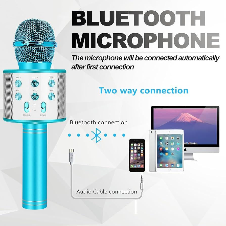 Microfon karaoke wireless Bluetooth cu difuzor, voice changer, USB si TF Card, albastru