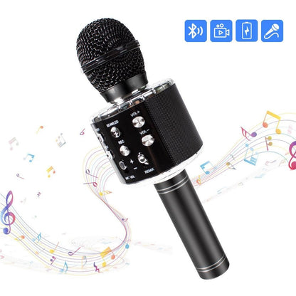 Microfon karaoke wireless Bluetooth cu difuzor, voice changer, USB si TF Card, negru