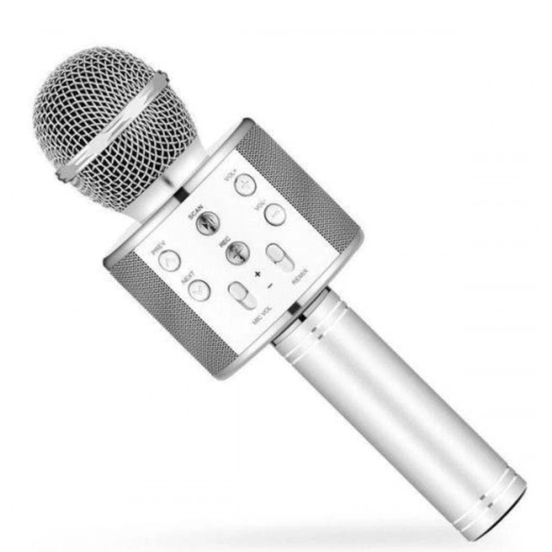 Microfon karaoke wireless Bluetooth cu difuzor, voice changer, USB si TF Card, argintiu
